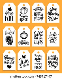 Tags with lettering and illustrations for Thanksgiving Day. Vector drawn and  handwritten labels of Always Be Thankful, Hello Fall etc.