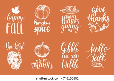 Tags with lettering and illustrations for Thanksgiving Day. Vector drawn and  handwritten labels of Give Thanks, Happy Fall etc.