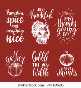 Tags with lettering and illustrations for Thanksgiving Day. Vector drawn and  handwritten labels of Gobble Till You Wobble, Pumpkin Spice etc.