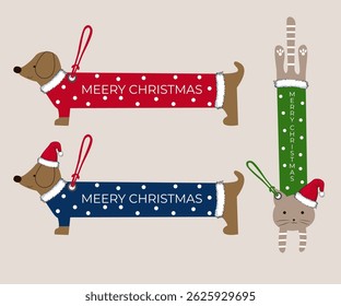 Tags for merchandise in the form of dogs and cats in Christmas costumes and Santa hats. New Year vector illustration. Tags for decoration of Christmas goods, gifts and much more. 