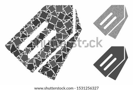 Tags mosaic of joggly items in variable sizes and shades, based on tags icon. Vector rugged items are united into mosaic. Tags icons collage with dotted pattern.