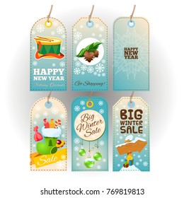 Tags with New Year and Christmas themes. Festive decor.