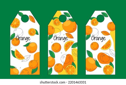 Tags for orange flavor. Doodle style illustration with doodle orange slices - set of three options. Vector illustration isolated on green background.