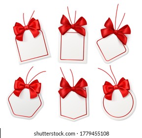 Tags with red bows. Blank white price labels with silk scarlet ribbons for christmas, birthday or wedding packaging gift vector realistic isolated templates collection