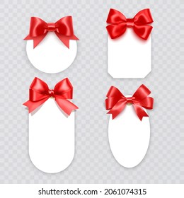 Tags with Red bows. Blank white price paper labels with Red ribbons for christmas, birthday or wedding packaging gift vector realistic isolated templates collection