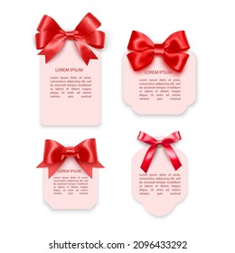 Tags with Red bows. Blank white price paper labels with Red ribbons for christmas, birthday or wedding packaging gift vector realistic isolated templates collection