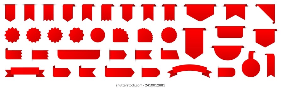 Tags red set. Sale and new label set. Red scrolls and banners isolated collection. Discount red ribbons, banners, shopping tags and icons.