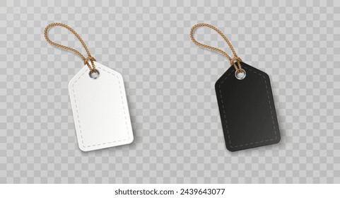 Tags with rope isolated on transparent background. Cardboard labels, paper sale or gift empty stickers and string. Vector blank realistic price banner, promo offer mockup