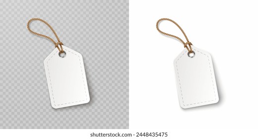 Tags with rope isolated on transparent background. Cardboard labels, paper sale or gift empty stickers and string. Vector blank white price banner, promo offer mockup