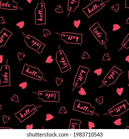 tags with ropes with the inscription love and hello hearts vector seamless pattern