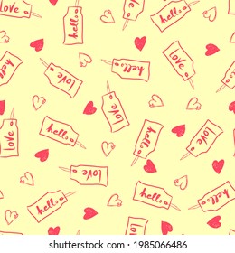 tags with ropes with the inscription love and hello hearts vector seamless pattern