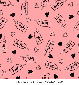 tags with ropes with the inscription love and hello hearts vector seamless pattern