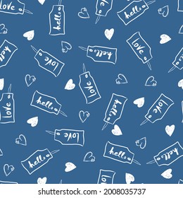 tags with ropes with the inscription love and hello hearts vector seamless pattern