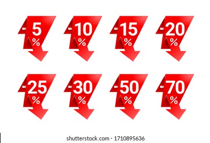 Tags for sales in rounded decoration with arrow down and different percentage - 5%, 10%, 15%, 20%, 25%, 30% 50% and 70% - isolated vector set  