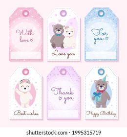 Tags set with cute teddy bears. Tags for gift boxes. Happy Birthday, thank you, best wishes, with love, love you.