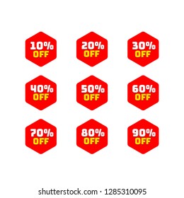 Tags set with discount offer. Low cost icon. Promo icon in flat style. Vector promotion red labels. 