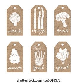 Tags with silhouettes of vegetables on kraft paper.Vector collection.