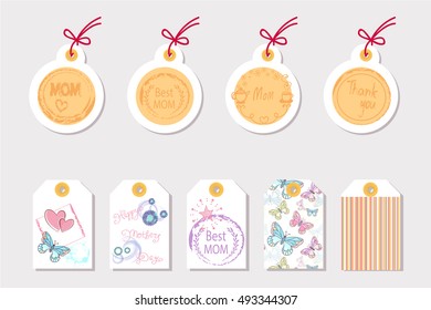 Tags with stamp and  butterfly for present decoration. Mother`s day tags set.