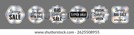 Tags and stickers with holographic effect: Spring Sale, Super Sale, Special Spring Offer, Up to 50-60% Off, Extra 30% off. Hologram various geometric shapes. Sticker collection for sale.