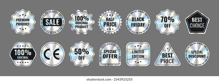 Etiquetas y pegatinas con efecto holográfico y Marca de agua: Venta, Black Friday, 100% original, oferta, descuento, Mejor Precio, producto Premium, CE, 50%, 70%, Medio Precio. Holograma de varias Formas geométricas.