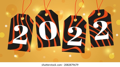 Tags with stripes tiger and number 2022. Festive background Happy New Year, for a banner or invitation to the holiday 