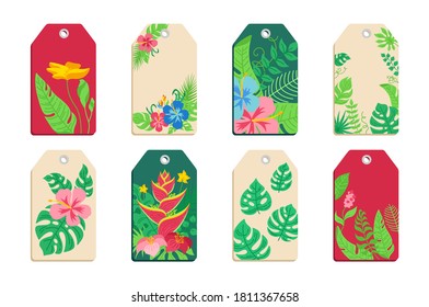 Tags tropical leaves and flowers cartoon set. Exotic plants, floral sticker. Monstera, palm and wild flat flowers. Hawaiian label collection, hand drawn green jungle. Vector illustration