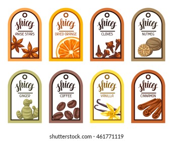 Tags with various spices. Illustration of anise cloves vanilla ginger and cinnamon.