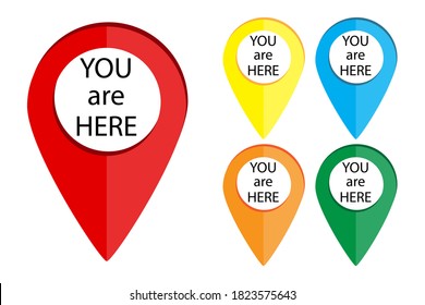 Tags you are here. Location icon. Set of pins for the map. Destination flat markers. Vector illustration.