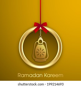 Tag,sticker,label or greeting design of Ramadan kareem with arabic lamp.