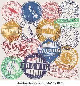 Taguig Philippines Set of Stamps. Travel Stamp. Made In Product. Design Seals Old Style Insignia.