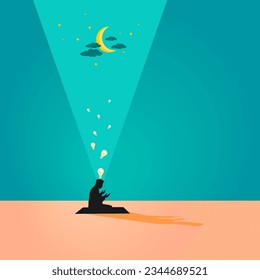 Tahajud. Islamic man praying hands at midnight. Success life concept illustration. Open Space. Ideas  template vector.