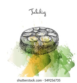 Tahdig watercolor effect illustration. Vector illustration of Persian cuisine.