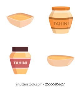 Tahini seasoning icons set cartoon vector. Tahini sesame seed paste. Food concept