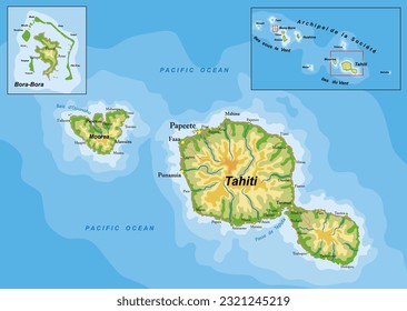 Tahiti and Bora-Bora highly detailed physical map