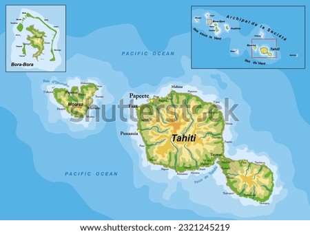 Tahiti and Bora-Bora highly detailed physical map