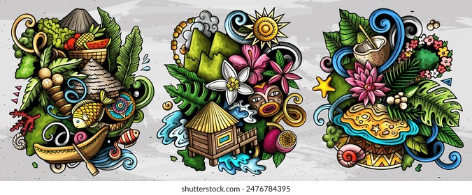 Conjunto de diseños de garabatos de Vector de dibujos animados de Tahití. Composiciones detalladas coloridas con muchos objetos y símbolos tahitianos. Ilustraciones aisladas en blanco