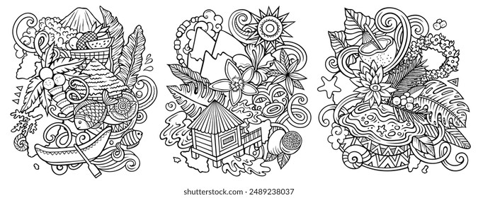 Conjunto de diseños de garabatos de Vector de dibujos animados de Tahití. Composiciones detalladas de arte lineal con muchos objetos y símbolos tahitianos