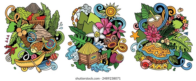 Conjunto de diseños de garabatos de Vector de dibujos animados de Tahití. Composiciones detalladas coloridas con muchos objetos y símbolos tahitianos. Ilustraciones aisladas en blanco