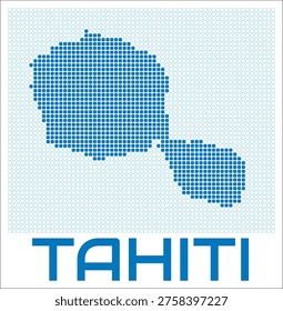 Tahiti digital style map with blue rounded rectangle dots. French Polynesia. Dotted shape of the island. Tahiti blue colored map and title on white background. Elegant Vector Illustration.