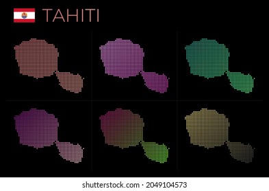 Mapa de puntos de Tahití. Mapa de Tahití de estilo punteado. Las fronteras de la isla están llenas de hermosos círculos de gradientes lisos. Elegante ilustración vectorial.