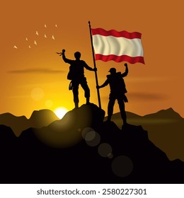 Tahiti flag, silhouette of two climbers holding flags at sunset