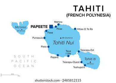 Tahiti, French Polynesia, political map. Largest island of the Windward group of the Society Islands, with capital Papeete. Overseas collectivity of France, located in the South Pacific Ocean. Vector