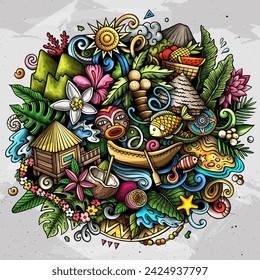 Tahiti hand drawn cartoon doodle illustration. Creative funny vector background with French Polynesia elements and objects. Colorful composition