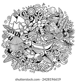 Tahiti hand drawn cartoon doodle illustration. Creative funny vector background with French Polynesia elements and objects. Line art composition