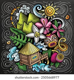 Tahiti hand drawn cartoon doodle illustration. Creative funny vector background with French Polynesia elements and objects. Colorful chalkboard composition