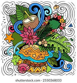 Tahiti hand drawn cartoon doodle illustration. Creative funny vector background with French Polynesia elements and objects. Colorful composition