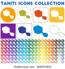 Tahiti icons collection. Bright colourful trendy map icons. Modern Tahiti badge with island map. Vector illustration.