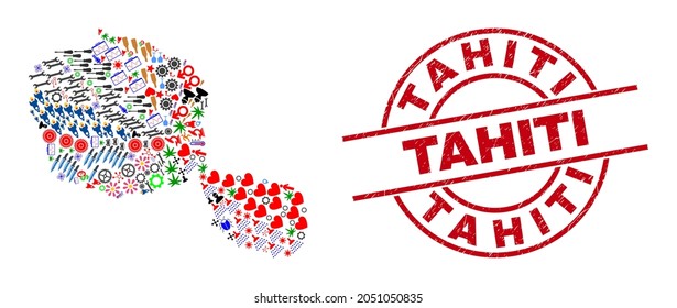 Tahiti Island map mosaic and unclean Tahiti red round stamp imitation. Tahiti stamp uses vector lines and arcs. Tahiti Island map collage includes helmets, houses, wrenches, suns, men,