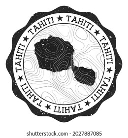 Tahiti outdoor stamp. Round sticker with map of island with topographic isolines. Vector illustration. Can be used as insignia, logotype, label, sticker or badge of the Tahiti.