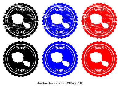 Tahiti - rubber stamp - vector, Tahiti map pattern - sticker - black, blue and red